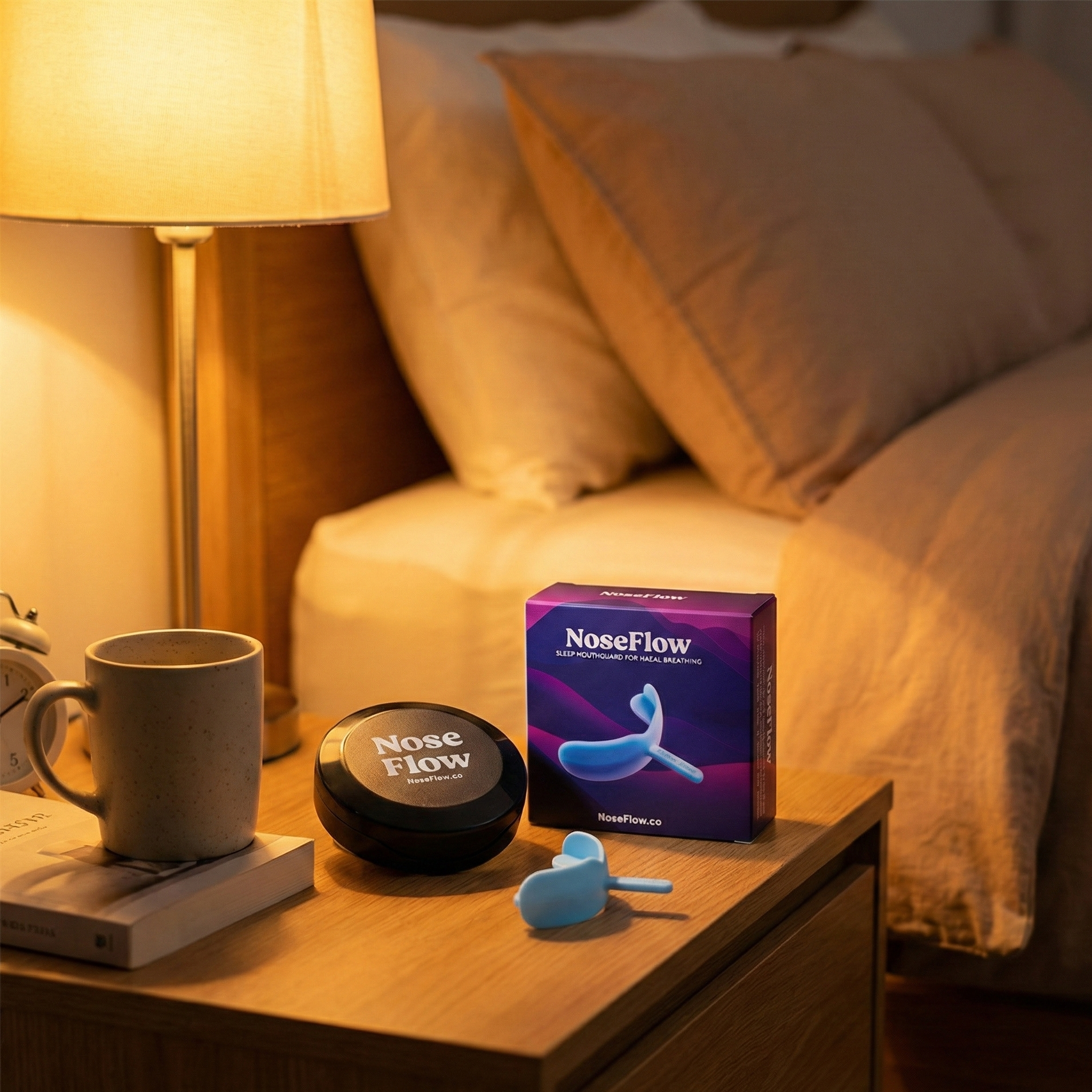 NoseFlow product on a bedside table with a cup and lamp in a bedroom setting
