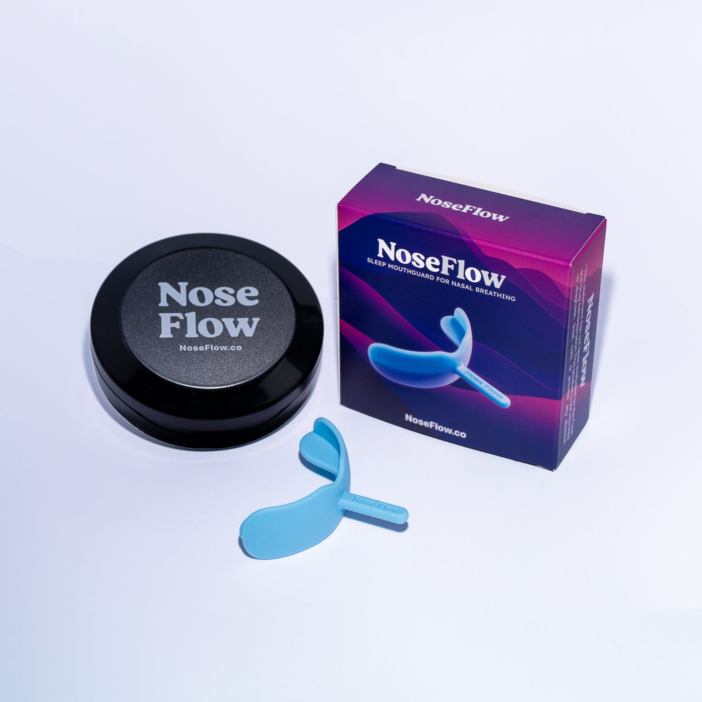 NoseFlow sleep mouthguard with case and packaging — promotes nasal breathing for better sleep.