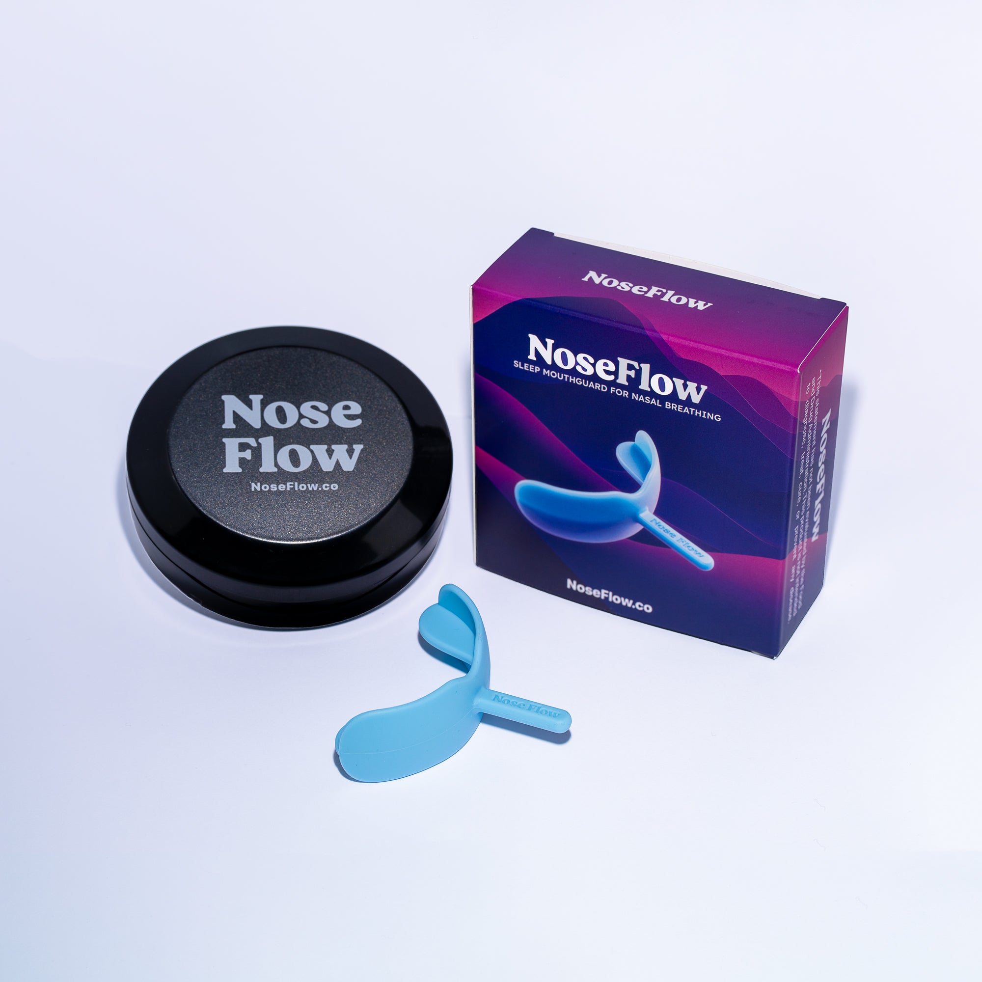 NoseFlow sleep mouthguard with case and packaging — promotes nasal breathing for better sleep.